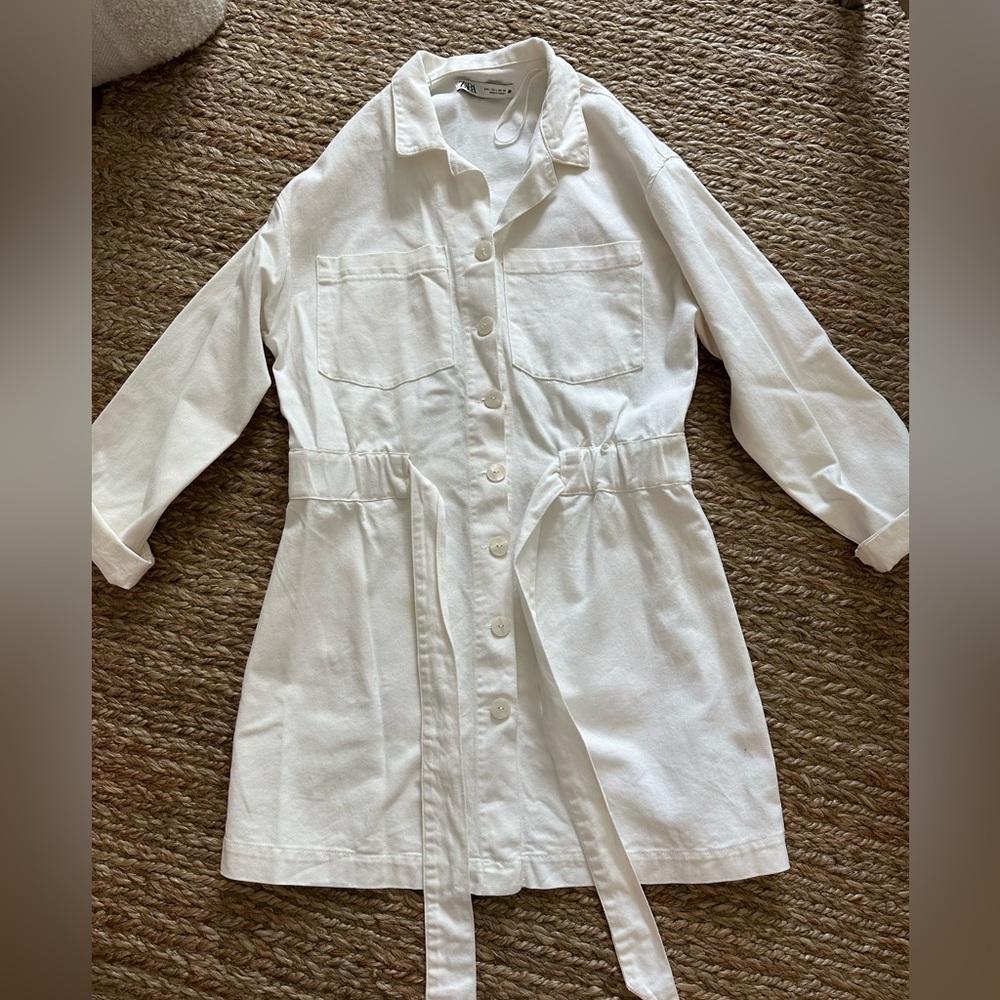White Zara Dress with Belt and Front Buttons